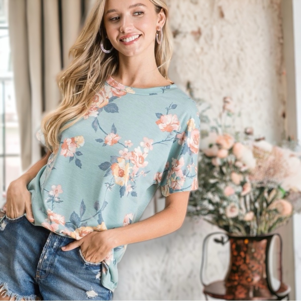 Soft Mint Floral Short Sleeve Top